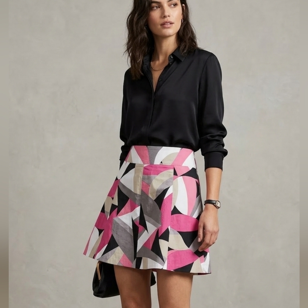Ricki's Pink, Black & White Abstract Geometric A-Line Cotton Mini Skirt Size 12